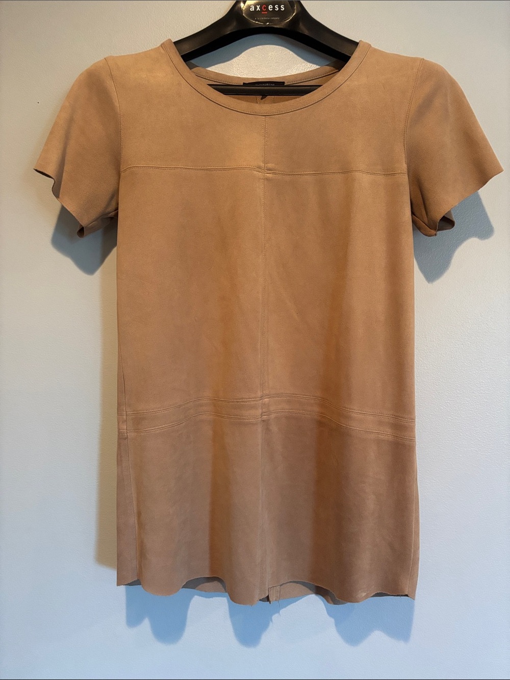 Olivaceous Short Sleeve Suede Mini Dress in Tan